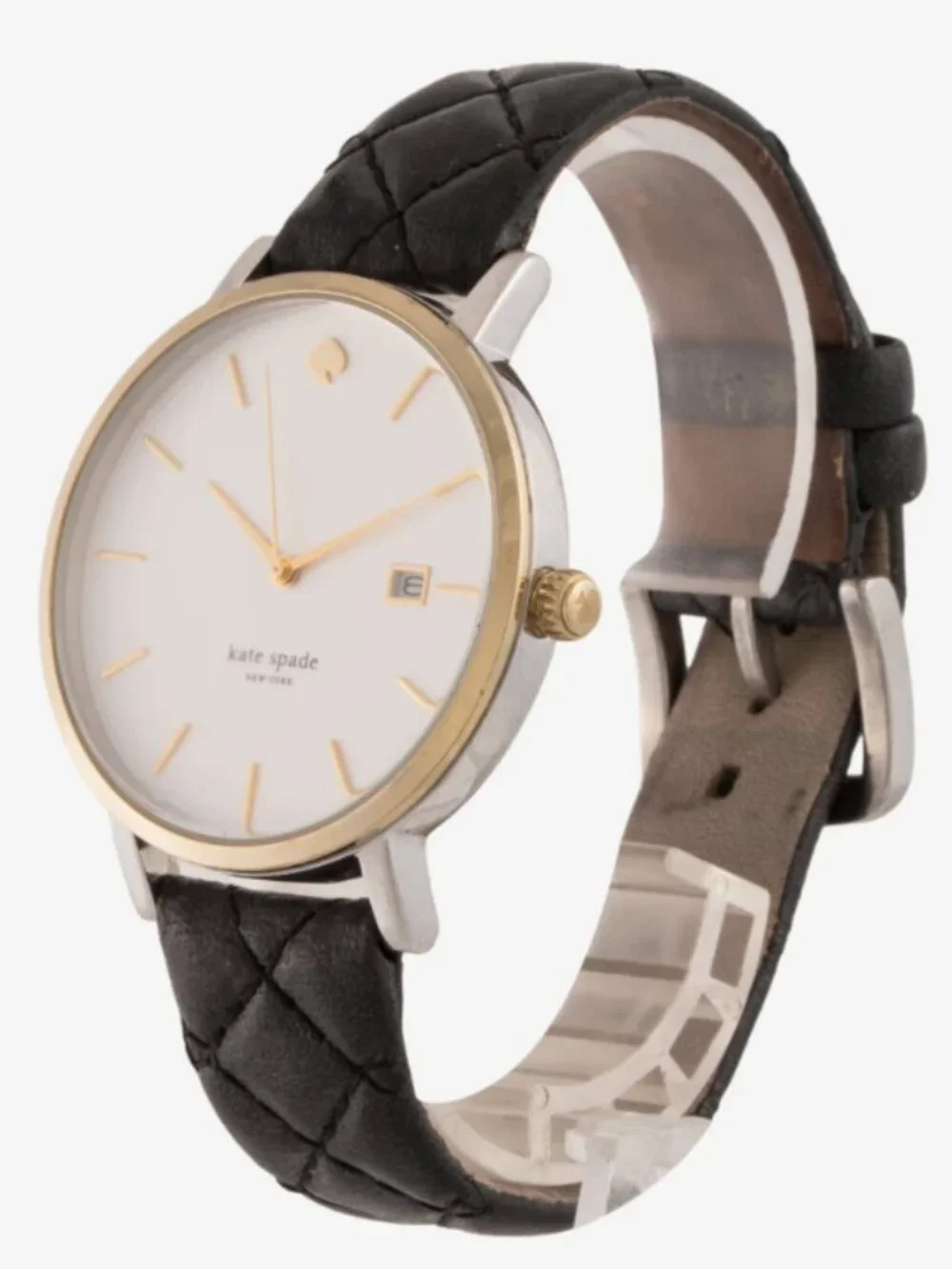 Kate Spade Metro Grand Watch Black Quilted Leather Strap Two Tone